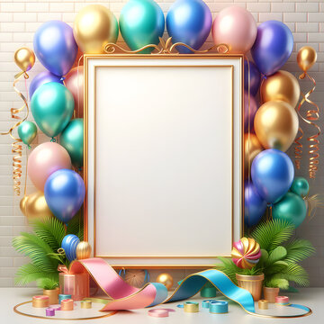 Empty border card with Earth Day Green and Nature colors balloons and ribbon. luxury 3d realistic style. for environment mount