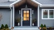 © haizah - A grey modern farmhouse front door with a covered porch, wood front door with glass window, and grey vinyl and wood siding.