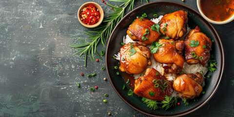 Wall Mural - Sticky Glazed Chicken Adobo in a Bowl. Juicy chicken adobo glazed to perfection, sprinkled with sesame seeds and garnished with fresh herbs.