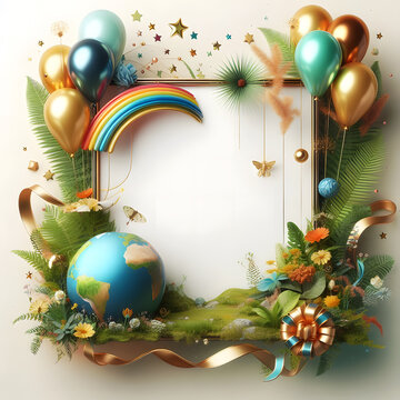 Empty border card with Earth Day Green and Nature colors balloons and ribbon. luxury 3d realistic style. for environment mount