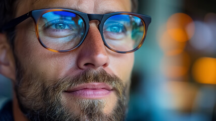 Wall Mural - Close-up shot of a man wearing his Smart Glasses, stylish eyeglasses for man, light through eyeglasses, new technology, a mixed-reality, super close-up face