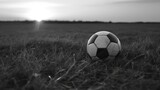 Fototapeta Sport - Black and white soccer and football ball in the field. Horizontal sport theme poster.