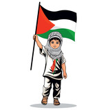 Fototapeta Dinusie - Child from Gaza, little Boy with Keffiyeh and holding a Palestinian Flag symbol of freedom illustration isolated on White