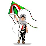 Fototapeta Dinusie - Child from Gaza, little Boy with Keffiyeh and holding flying kite symbol of freedom Vector illustration isolated on White
