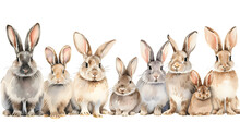 Group Of Rabbits On White Background Watercolor Illustration