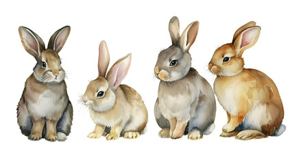 Wall Mural - Group of rabbits on white background watercolor illustration