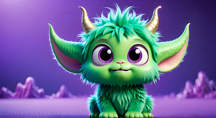 Cute green fluffy monster in a dreamy purple landscape. 3D render style.