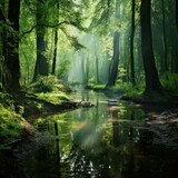 Fototapeta Natura - Foggy swamp forest in spring, a serene and peaceful scene amidst nature's embrace. AI generative.