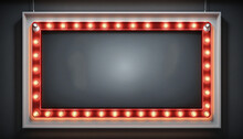 Realistic Red Lightbox Marquee Frame With Stars And Neon Bulb Lamps On Wall Background.