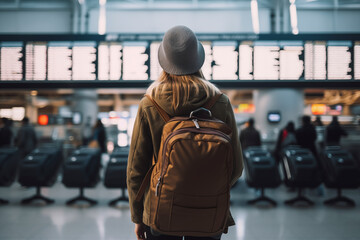 young traveling girl looking at a terminal departure board