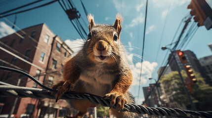 a squirrel ascending a power line with urban buildings in the background.