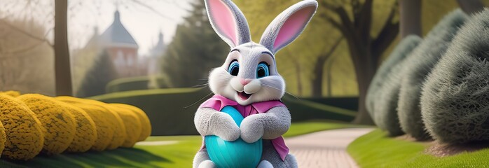 Wall Mural - an Easter bunny hugs another Easter bunny on a path in a park, next to a wicker basket with colored eggs, trees in the background