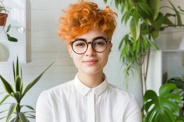 cool young person with orange dyed short hair wearing white shirt glasses portrait in modern office, diversity 