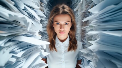 Wall Mural - woman working at office with stacks of documents and looking serious  at camera, workaholics get overwhelmed with piles of paperwork, crowded desk with piles of papers,