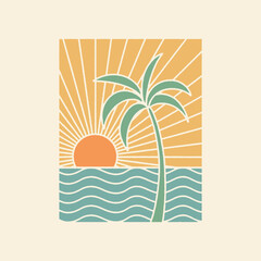 Wall Mural - ocean illustration sunshine graphic shape design waves vintage tropical logo palm