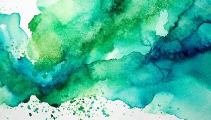 Wall Mural - Abstract watercolor painting in teal and green color with fluid shapes. Textured blotches and blobs.