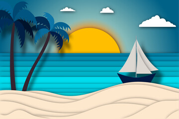 Wall Mural - Beach landscape at sunset in paper style. Beautiful paper beach with palimas and sea view with sailboat against sunset background and blue sky with clouds.