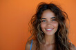 © Gonzalo - Photo of dreamy cheerful lady wear blue singlet smiling recording video vlog isolated orange color background