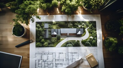 Wall Mural - Architectural plans with landscape design on the desk. Top view