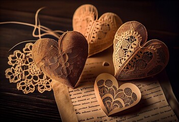 Gorgeous vintage background with lace and paper hearts. Generative AI