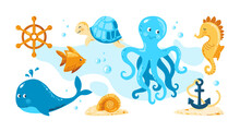 Underwater World. Octopus, Fish, Seahorse, Shell, Whale, Anchor. Ocean Life. Marine Set With Sea Creatures For Girls And Boys, Baby Shower, Birthday, Greeting Cards