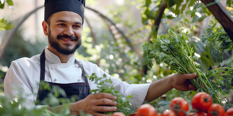 A chef man holds a bunch of vegetables in a greenhouse, showcasing healthy food options.