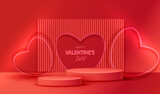 Fototapeta Kuchnia - Valentine day background with pink and red realistic cylinder pedestal podiums. Neon light hearts shape on wooden wall. Scene product display. Stage love showcase.