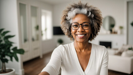 closeup of a beautiful mature lady dressed in elegant clothes enjoying a nice day in the living room of her house taking selfie using a cell phone, smiling happily, concept of happy people, a