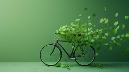 Wall Mural - An eco-friendly bicycle with a basket overflowing with lush green leaves, symbolizing sustainable and healthy transportation in an urban environment.