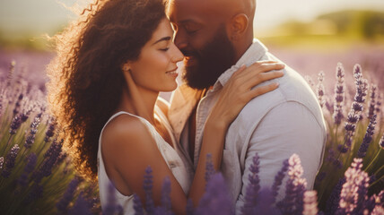 Wall Mural - Young Interracial Couple Enjoying Sunshine in Summer Lavender Field copy space