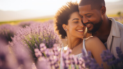 Wall Mural - Young Interracial Couple Enjoying Sunshine in Summer Lavender Field copy space