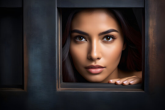 latina woman peeking from behind an open window, half her face hidden by the frame.