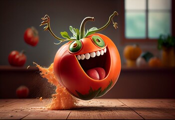 Wall Mural - cute funny tomato jumping and smile. Generative AI
