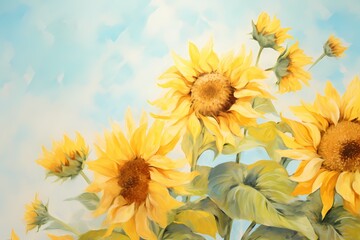  A bird's-eye view of sunflowers on a pastel surface, creating a picturesque scene with text-friendly areas.