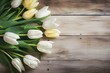 Banner with tulips on a wooden background.