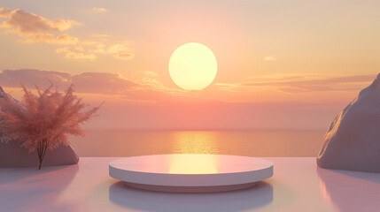 Wall Mural - Empty white podium on beautiful sunset background. for product presentation.