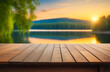 Empty wooden table with copy space for product presentation, against the backdrop of a summer lake and the setting sun.
