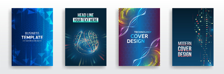 Wall Mural - Futuristic background for flyer, brochure. Scientific cover template for presentation, banner. Set of high-tech covers for marketing. Modern technology design for posters.