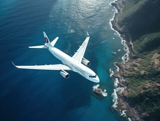 Airplane flying over a sea, view from above