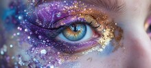 Close Up Woman Green Eyes Wearing Make Up Paint In Purple Gold Glitter Glow Diamond Dust , Generative Ai