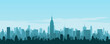 Cityscape with silhouettes of tall skyscrapers and office buildings. Panoramic landscape of the metropolis. Silhouettes of a modern city. Business district of the city. Vector illustration.