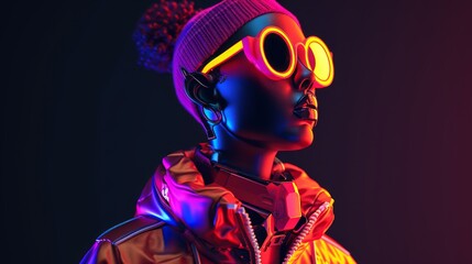 Wall Mural - Cyborg woman in neon light on dark background