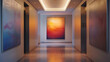 A hallway with recessed lighting, featuring a single piece of abstract wall art. 