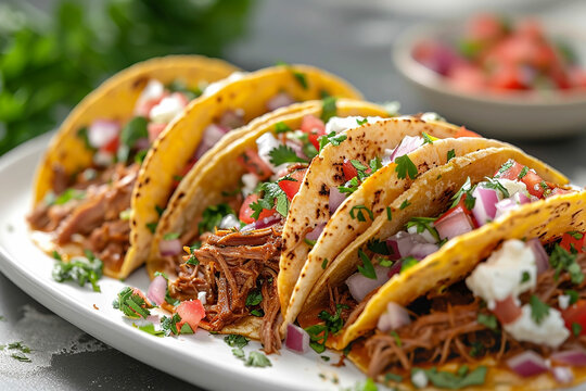 Mexican tacos with pulled beef and vegetables on a white plate