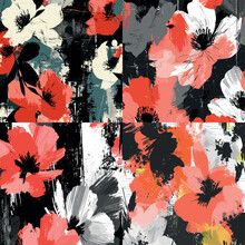 Black And White Abstract Floral Pattern With Bold Colors, Heavy Brushstrokes, And Glitch Textures. Light Red And Artichoke Green Accentuate Color Blocked Textiles, Creating Elegant Vector Art