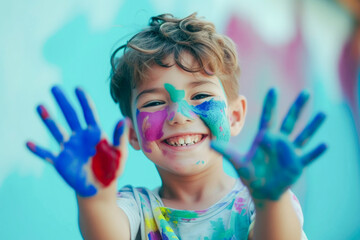 Smiling boy playing with colors, paint on hands and face, showing the two hands full of colorful