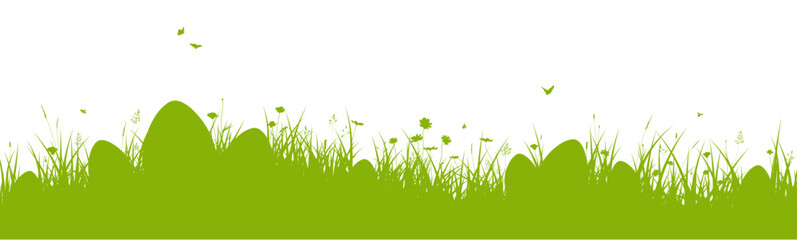 Wall Mural - Easter hunt banner with Easter eggs on the grass. Easter border with meadow silhouette