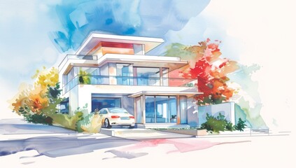 watercolor style modern house illustration with car Generative AI