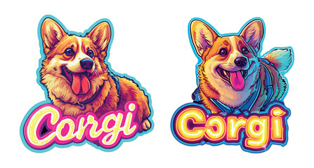 Wall Mural - Corgi dog vibrant stickers illustration. Cartoon realistic style, fun text in bright neon script font with glowing effect. Stamp logo design, isolated on white background