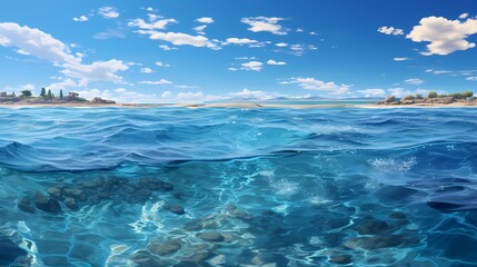  A panoramic view of a serene cobalt blue ocean, with a distant sailboat gliding peacefully on the horizon